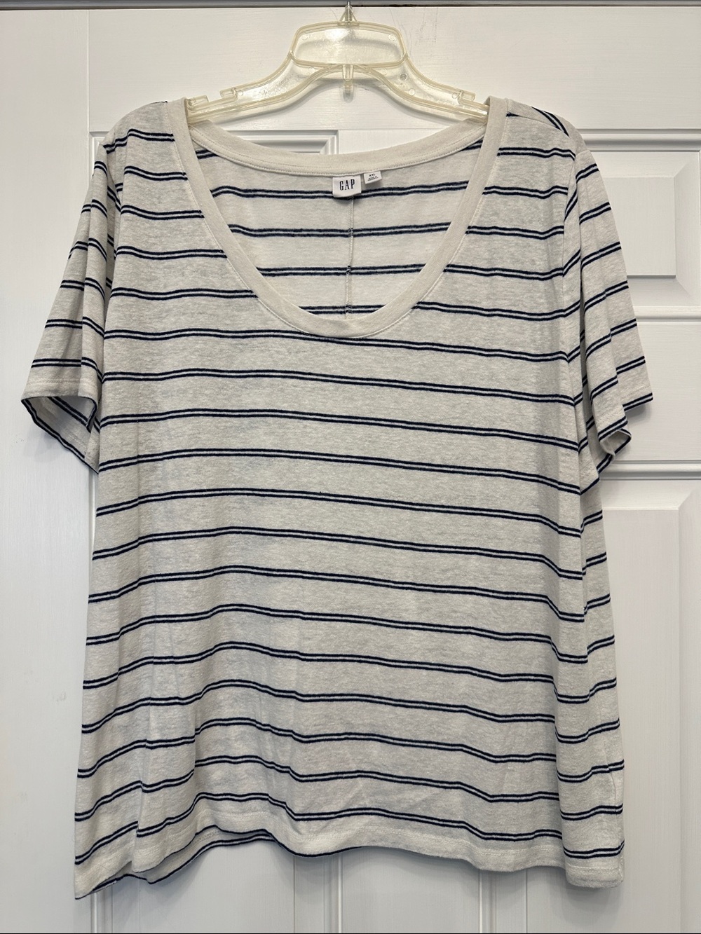 GAP Ivory V-Neck Tee with Navy Stripes
